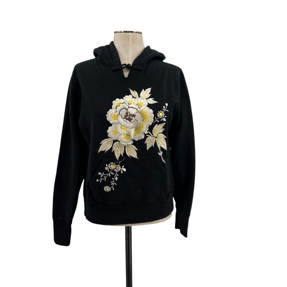 Lucky Brand Vintage Sweatshirt Hoodie Floral Embroidered Y2k Black Size Small